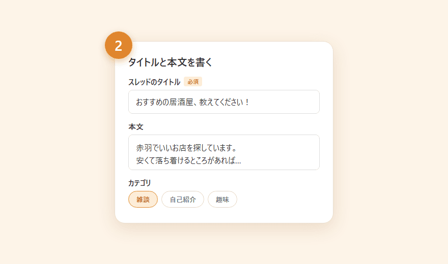 スレッドのタイトルと本文、カテゴリを入力する画面