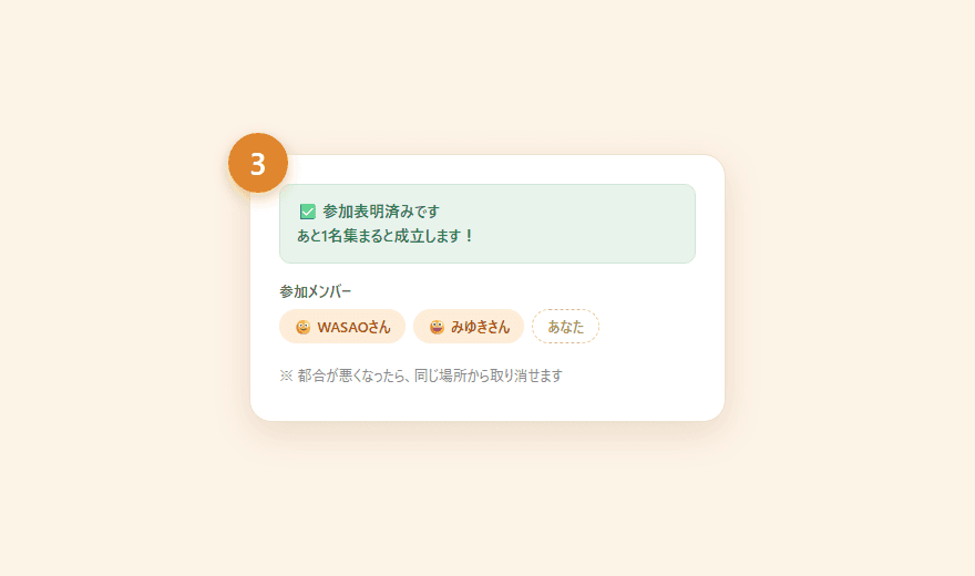 参加表明が完了し、参加メンバーに名前が並んだ画面