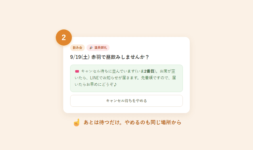 キャンセル待ちに並んでいる状態の表示と、やめるボタン